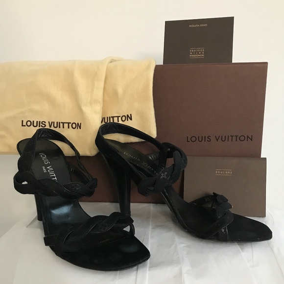 Louis Vuitton Vintage Black Satin Logo Sandals | Size 38.5 | 4.5” Heels + Box - Picture 4 of 11